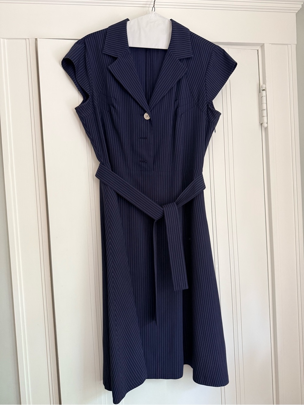 Calvin Klein Navy Pinstripe Belted Midi Dress
